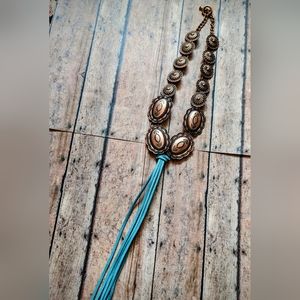 Original Designed Copper Concho Boho Western Necklace With Turquoise Suede Frnge
